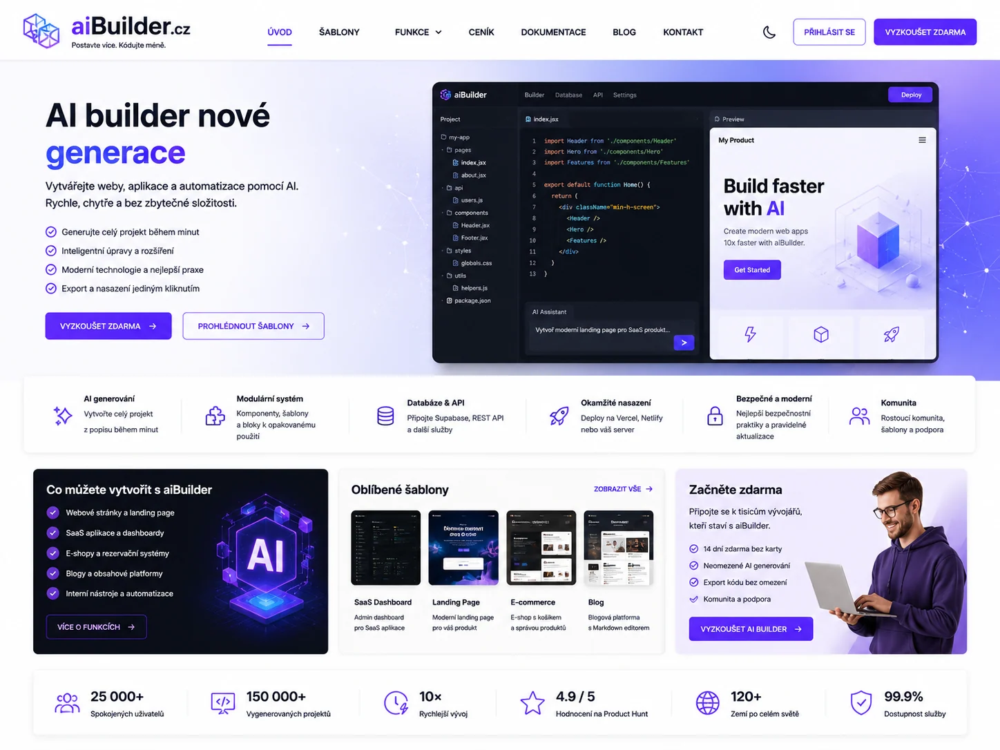 Vizuální návrh možného projektu aiBuilder.cz zaměřeného na tvorbu AI aplikací a automatizací